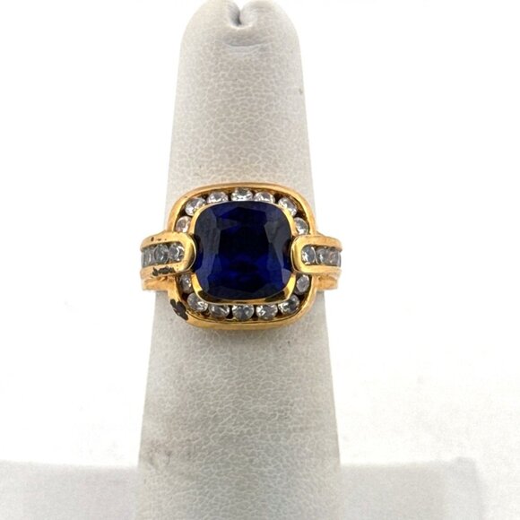 Estate Sterling Silver 925 Gold Plated Blue Sapphire CZ Ring Size 5, 7.0g - Picture 1 of 8